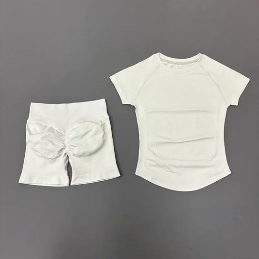 2 Pcs  Sports Gym Sets Short Sleeve Seamless Yoga Clothing Fitness Set Women Workout Running Sports Short Leggings Suit